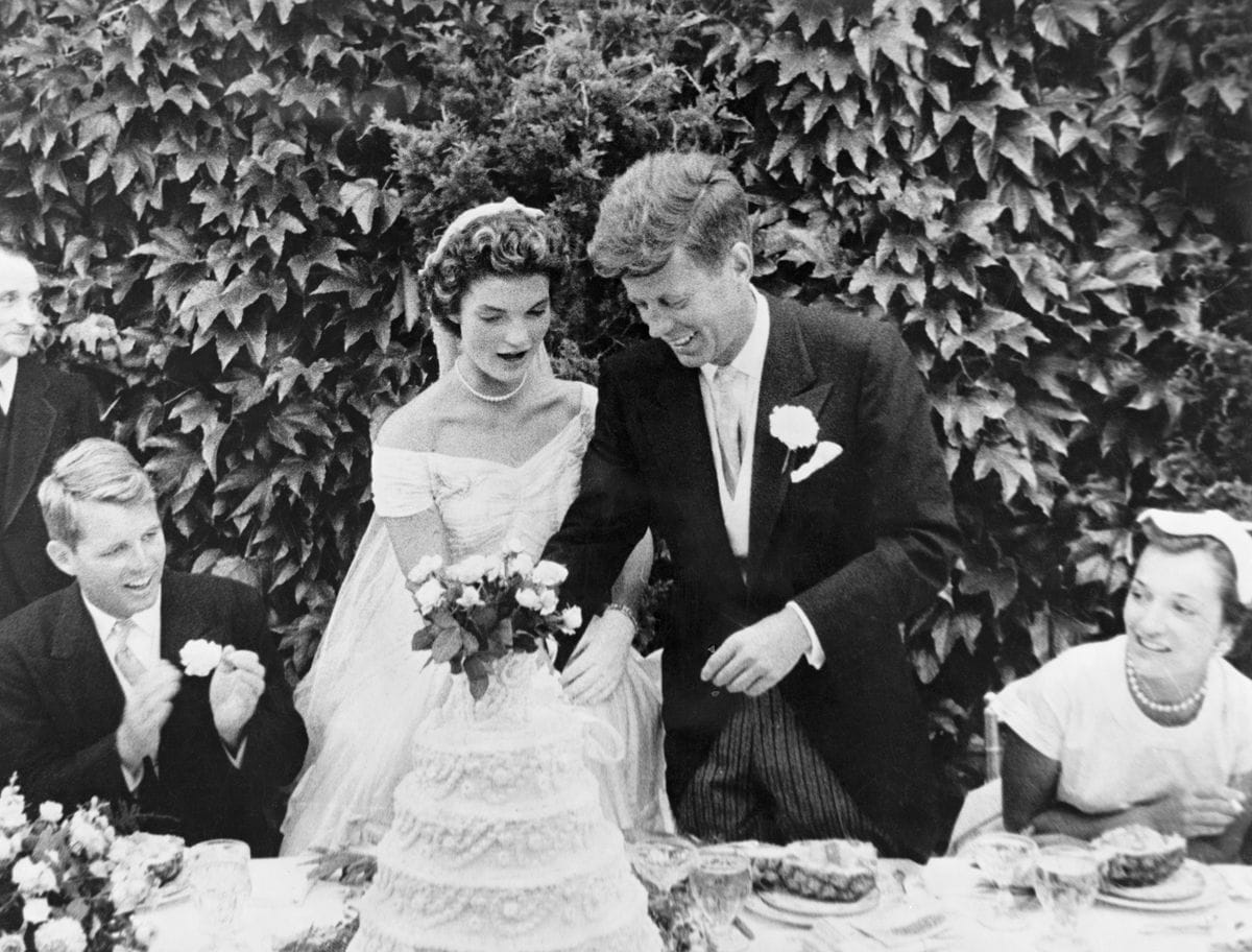 Jackie’s ivory silk taffeta gown, designed by Ann Lowe, has gone down as one of the most famous wedding dresses in American history.
