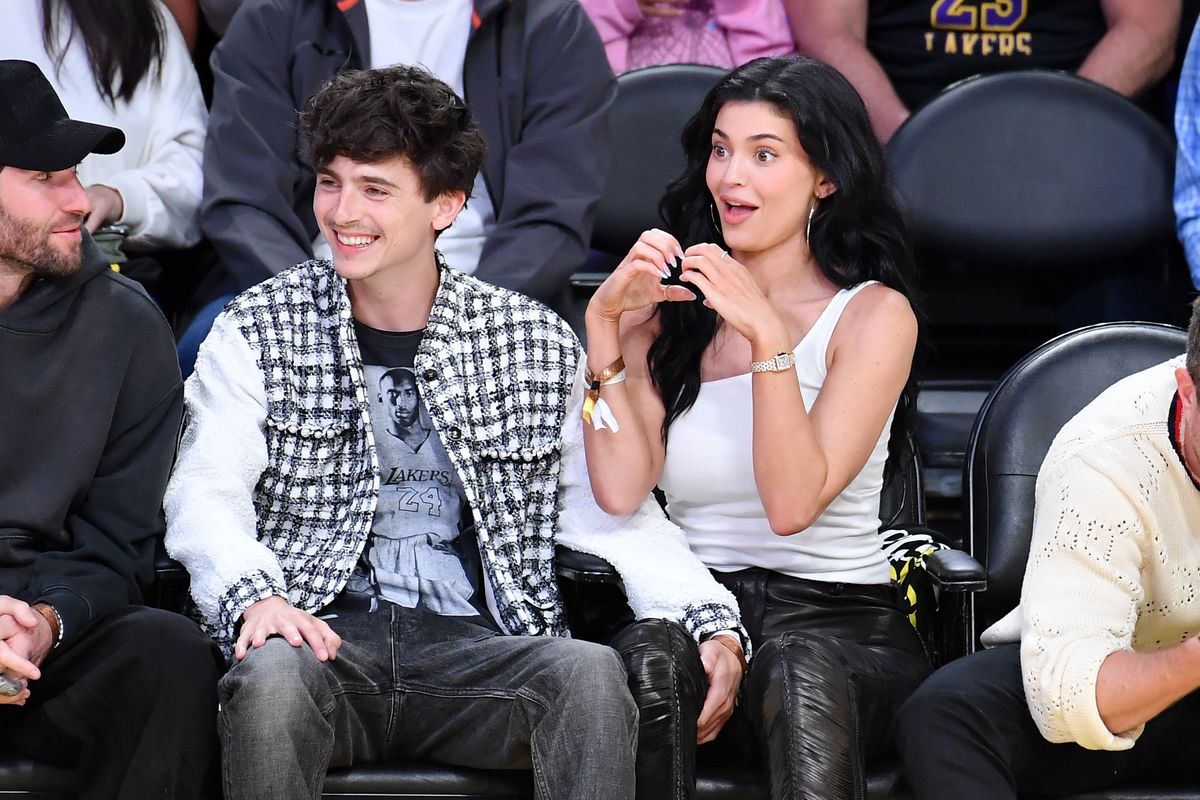 Timothee Chalamet and Kylie Jenner attend a basketball game between the Los Angeles Lakers and the Minnesota Timberwolves at Crypto.com Arena on April 30, 2025 in Los Angeles, California. 