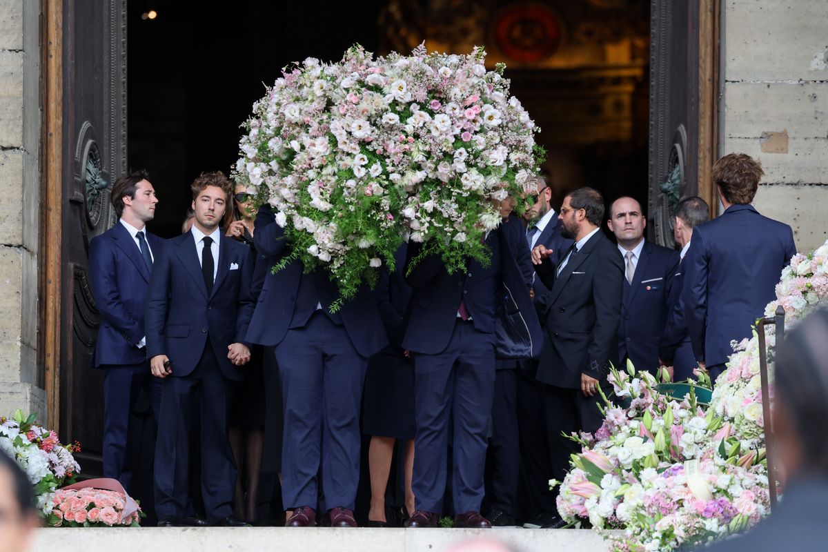 A wreath of flowers is seen during Mathilde Favier's Funerals at Eglise Saint-Sulpice on August 31, 2026 in Paris, France.