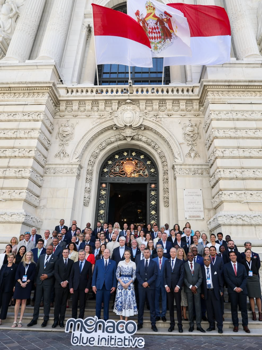 Princess Charlene embraced Riviera elegance in a blue-and-white Sara Roka shirt dress during the 17th Monaco Blue Initiative.
