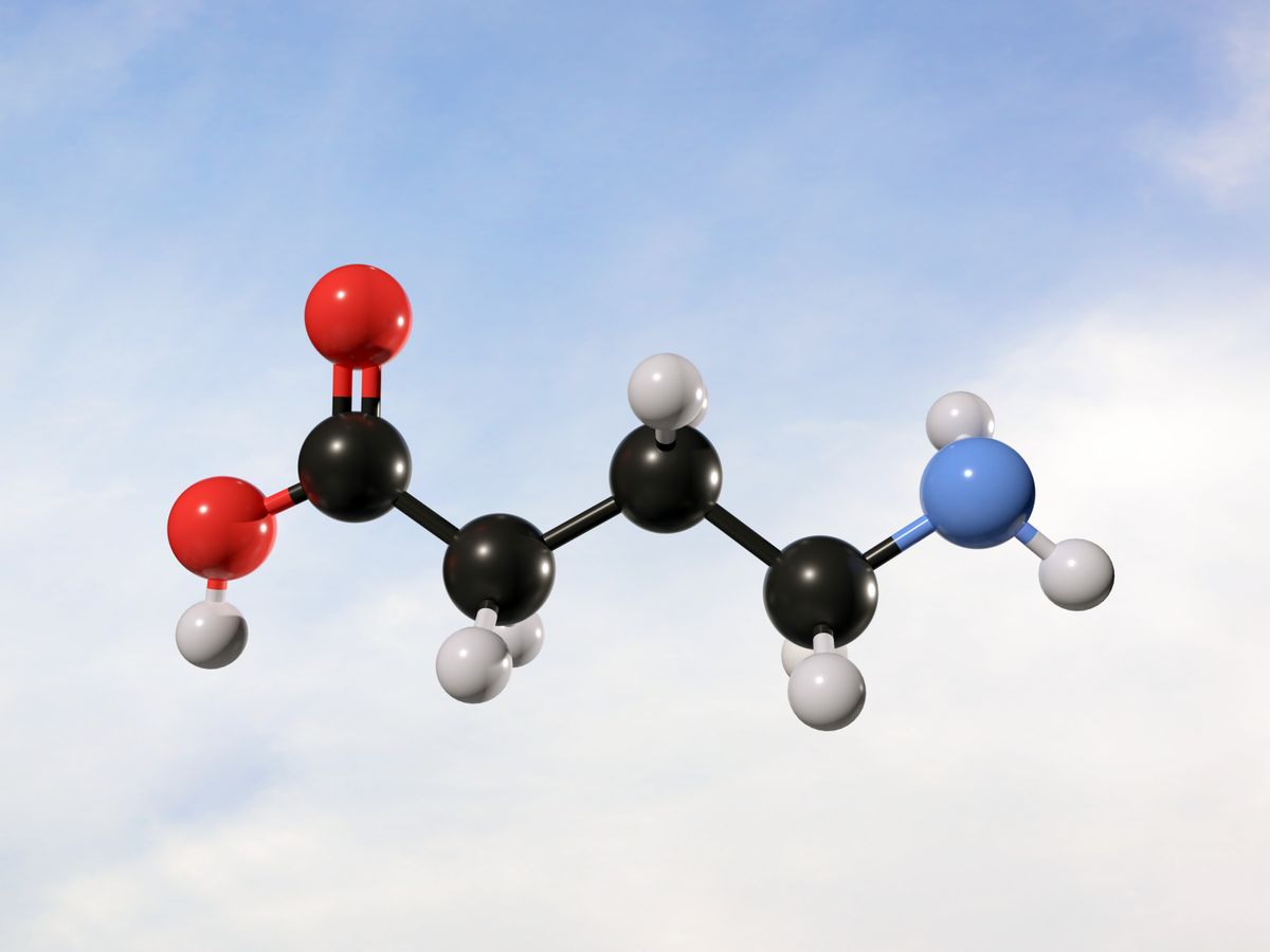 Computer illustration of a ball and stick model of a gamma-aminobutyric acid (GABA) molecule