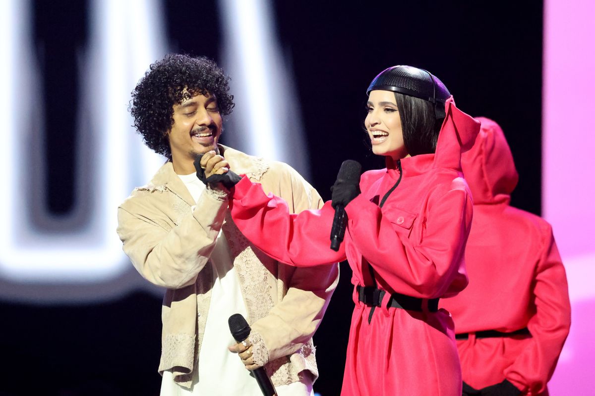 Hanumankind and Sofia Carson speak onstage during NETFLIX TUDUM 2025: THE LIVE EVENT 