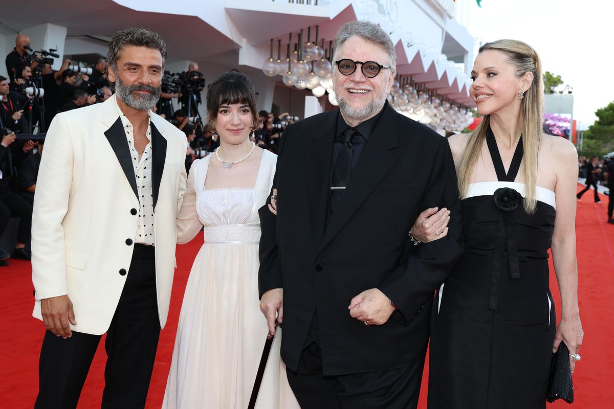 Oscar Isaac, Marisa del Toro, Guillermo del Toro and Kim Morgan at the "Frankenstein" red carpet during the 82nd Venice International Film Festival 