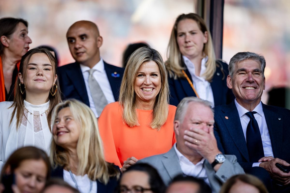 Dutch Princess Ariane, Queen Maxima, and Dutch football federation chairman Frank Paauw on the stand  during the  EURO Women  match between Wales Women v Holland Women at the Allmend Stadium on July 5, 2025 in Luzern Switzerland 