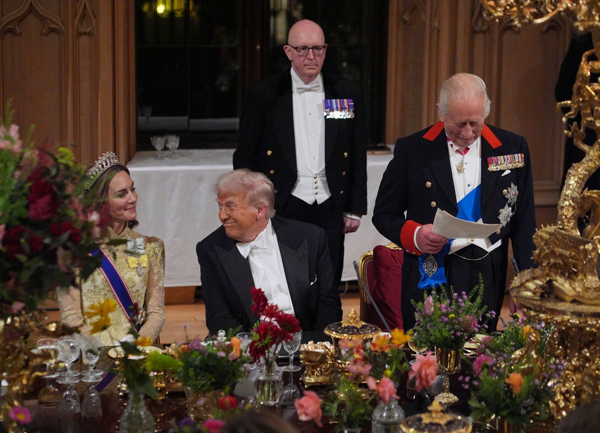 WINDSOR, ENGLAND - SEPTEMBER 17: King Charles III delivers his speech as US President Donald Trump and Catherine, Princess of Wales listen during the State Banquet at Windsor Castle for the State visit by the President of the United States of America on September 17, 2025 in Windsor, England. President Trump is in England from Sept. 16-18 on his second UK state visit, with the previous one taking place in 2019 during his first presidential term. (Photo by Yui Mok - WPA Pool/Getty Images)