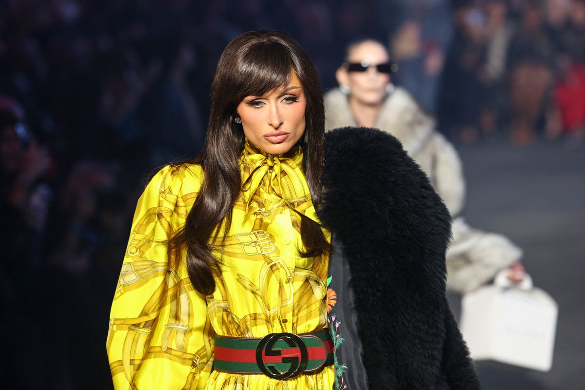 Paris Hilton walks the runway during the Gucci Cruise 2027 collection fashion show at Times Square in New York