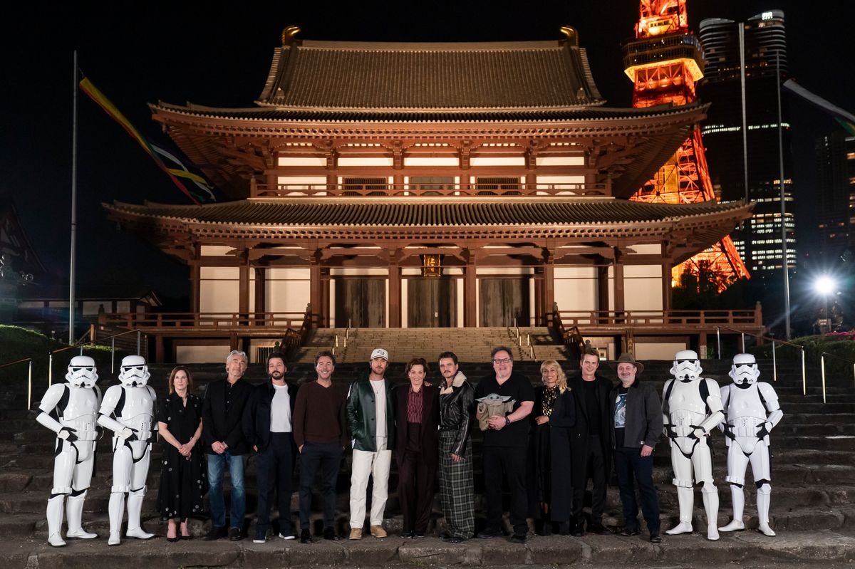 Kathleen Kennedy, Tony Gilroy, Diego Luna, Shawn Levy, Ryan Gosling, Sigourney Weaver, Pedro Pascal, Jon Favreau, Rosario Dawson, Hayden Christensen and Dave Filoni pose for a photo at Star Wars Celebration Japan 2025 in Special Photoshoot at Zojoji-temple on April 18, 2025 in Tokyo, Japan. (Photo by Tomohiro Ohsumi/Getty Images for Disney)