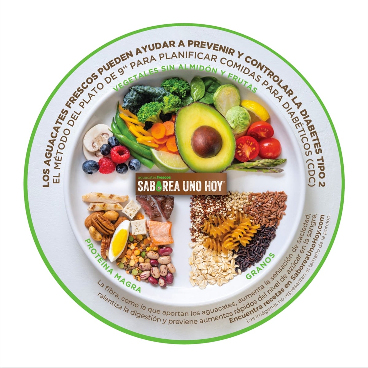 A Plate Method that helps you to prioritize non starchy vegetables and fruits like fresh avocados as an everyday strategy to help keep blood sugar levels in a target range.