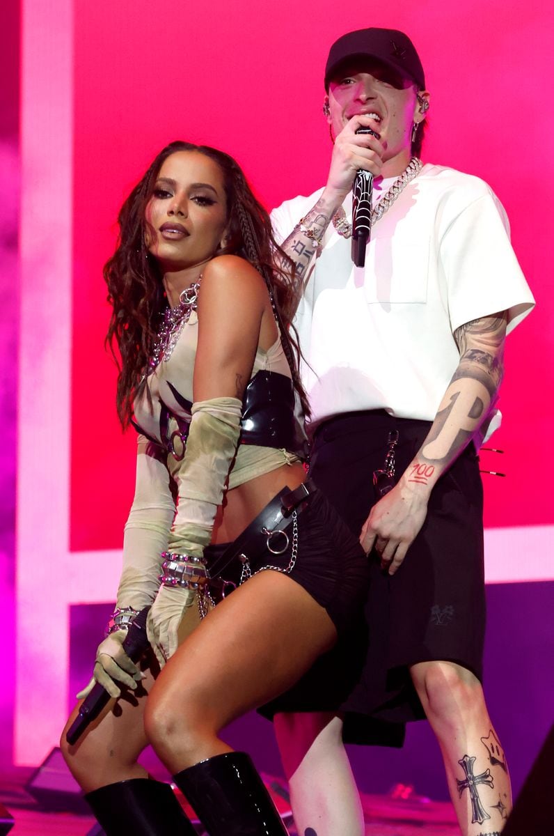 Anitta performs with Peso Pluma at the Coachella Stage during the 2024 Coachella Valley Music and Arts Festival at the Empire Polo Club on April 19, 2024