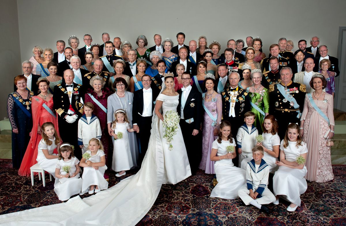 King Harald V and Queen Sonja of Norway stand alongside Crown Princess Victoria and Prince Daniel in their official wedding portrait in June 2010, a reflection of the close ties between the Scandinavian royal families and Harald’s special place in Victoria’s life as her godfather.