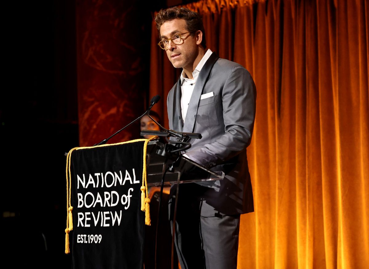 NEW YORK, NEW YORK - JANUARY 07: Ryan Reynolds speaks onstage during The National Board of Review Annual Awards Gala at Cipriani 42nd Street on January 07, 2025 in New York City.  (Photo by Jamie McCarthy/Getty Images for National Board of Review)