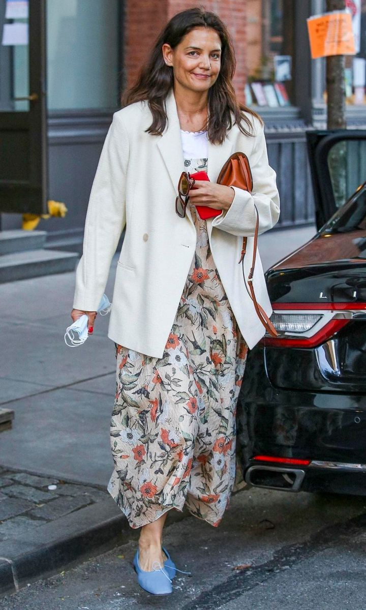 Katie Holmes looks stylish in a floral dress and blue flats