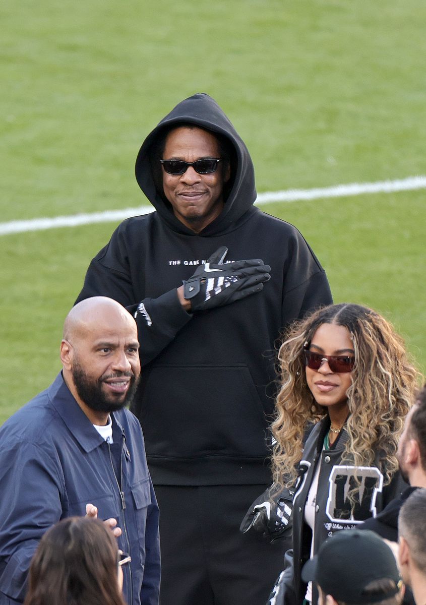  Juan 'OG' Perez, Jay-Z and Blue Ivy Carter are seen during the Super Bowl LX 