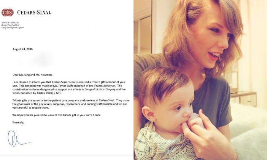 The pop star made a generous donation to Los Angeles' Cedars-Sinai Medical Center on behalf of her godson Leo Thames. Jaime King posted a shot of the letter informing her of the donation in her son's name. "Tribute gifts are essential to patient care programs and services at Cedars-Sinai," the letter stated. "They make the good work of the physicians, surgeons, researchers, and nursing staff possible and we are very grateful to receive them."
</br><br>
The mom-of-two took to Instagram to thank her best friend and in doing so revealed that her young son was diagnosed with "Transposition of the Great Arteries AKA TGA" at 20-weeks old.
<br>
"He had a major heart surgery, that was terrifying, and traumatic for us as parents, for our family. Only a few of our best friends knew. I felt that I had to protect him in fear of the unknown, fear he would not make it. We felt isolated & confused. @taylorswift does so many selfless acts that go unnoticed because she does them silently, from such a great place of unconditional giving," Jaime attached to the letter. "As the Godmother of Leo Thames for his birthday she gave an incredible donation to the people that saved his life Dr. Allistar Phillips and his brilliant team. It made us realize that silence cannot connect other parents & people going through these issues. TS knew that by giving back in this way would be the greatest gift one could give to us, to Leo Thames and to all of those with congenital heart issues. She came to the ICU to comfort us, to hold and bond with him with such grace & strength."
</br><br>
Photos: Instagram/@jaime_king and @taylorswift