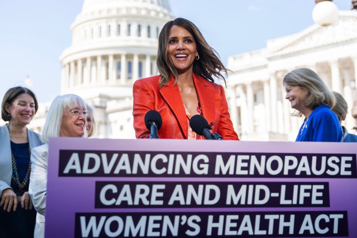 Halle Berry speaks during a news conference on bipartisan legislation to raise federal research on menopause and women's midlife health, outside the U.S. Capitol on Thursday, May 2, 2024. 