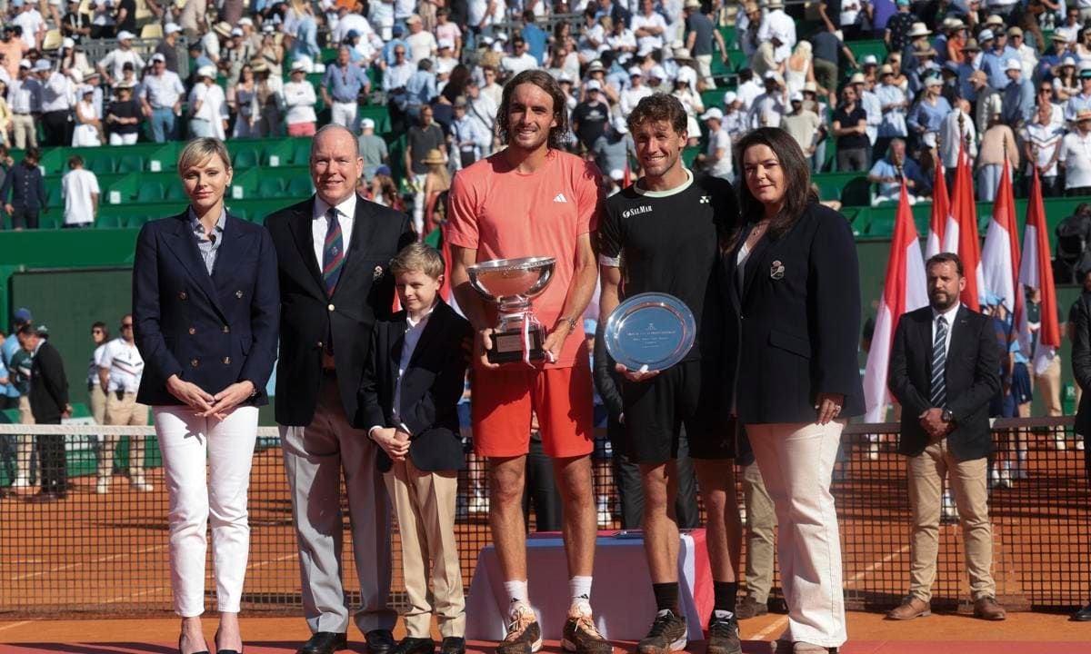 Charlene, Albert, Jacques and Melanie-Antoinette Costello de Massy posed for pictures with the winner Stefanos Tsitsipas, and Casper Ruud.