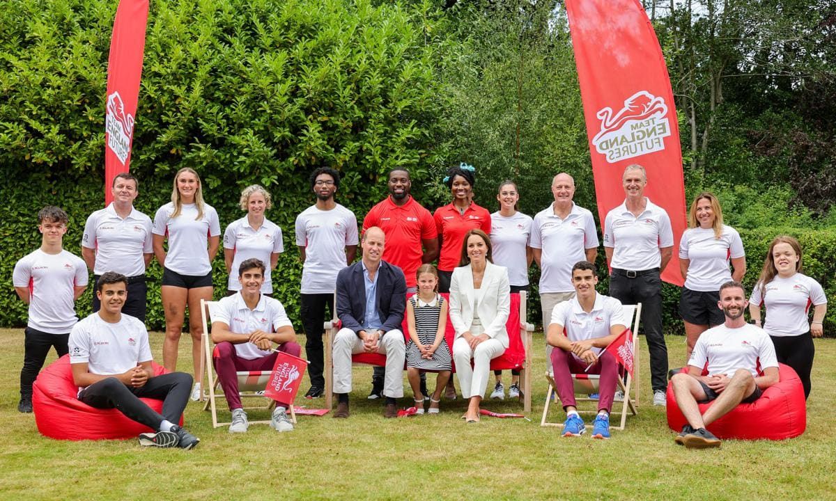 The Duke, Duchess and Charlotte posed for a group photo during their visit to SportsAid House. Kate has been patron of SportsAid since 2013.