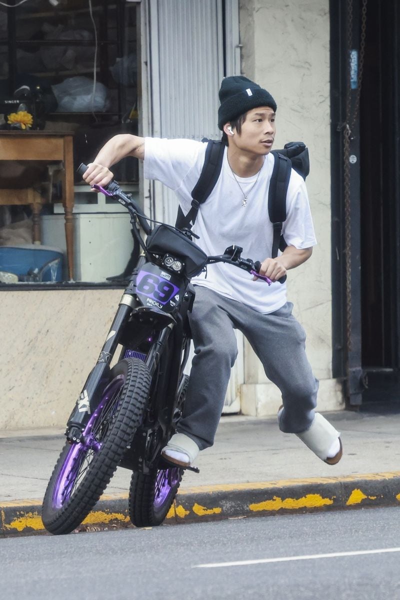 Pax Jolie-Pitt, son of Brad Pitt and Angelina Jolie, was spotted making a stylish exit from a Los Angeles smoke shop on his Talaria Sting R MX4 Electric Dirt Bike.