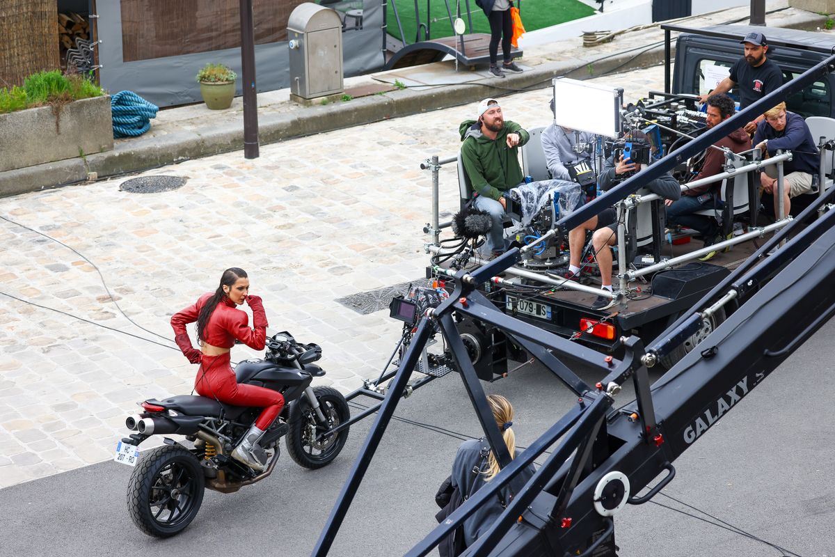 Model Bella Hadid is seen filming for the upcoming FX series directed by Ryan Murphy called 'The Beauty' on April 12, 2025 in Paris, France. (Photo by Marc Piasecki/GC Images)