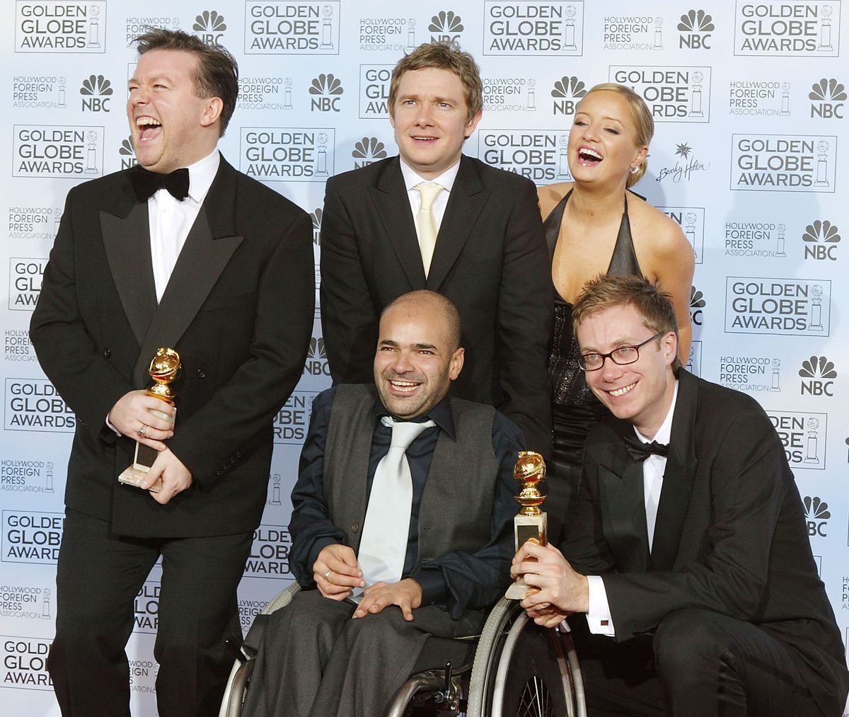 The Office cast members: Ricky Gervais, Stephen Merchant, Ash Atalla, Lucy Davis, and Martin Freeman