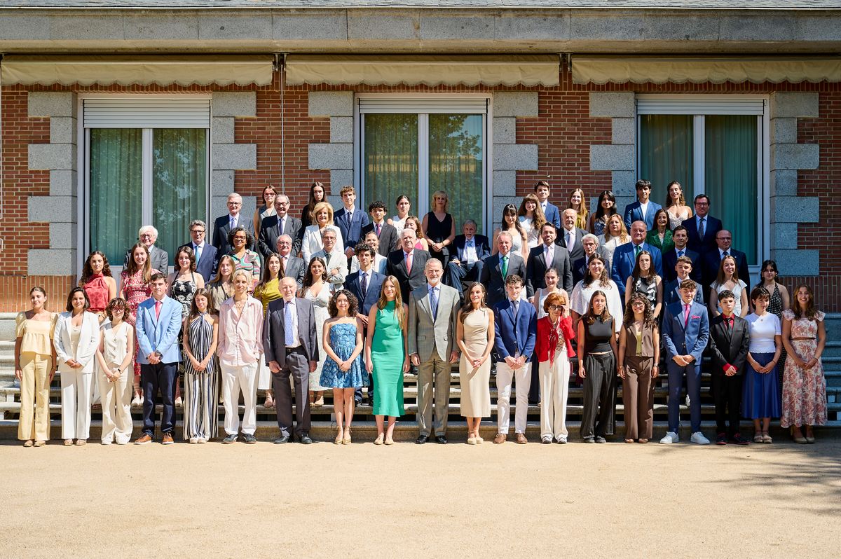MADRID, SPAIN - JULY 15: Princess Sofia of Spain, King Felipe VI of Spain and Queen Letizia of Spain receive the Board of Trustees of the Spanish Committee of the United World Schools Foundation, Sponsors and Alumni at Zarzuela Palace on July 15, 2025 in Madrid, Spain. (Photo by Borja B. Hojas/Getty Images)