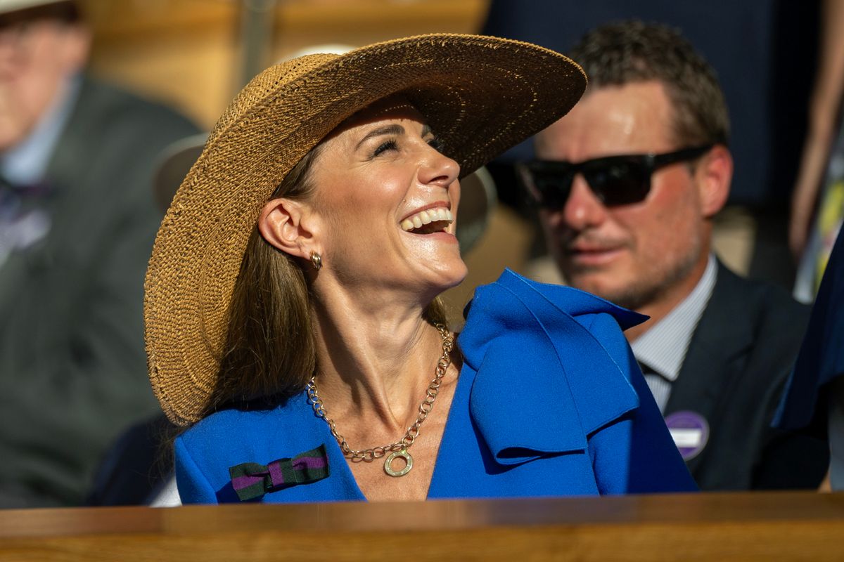 LONDON, ENGLAND - JULY 13:  Catherine, Princess of Wales in the Royal Box for the Gentlemen's Singles Final on Centre Court during the Wimbledon Lawn Tennis Championships at the All England Lawn Tennis and Croquet Club at Wimbledon on July 13th, 2025, in London, England. (Photo by Tim Clayton/Getty Images)