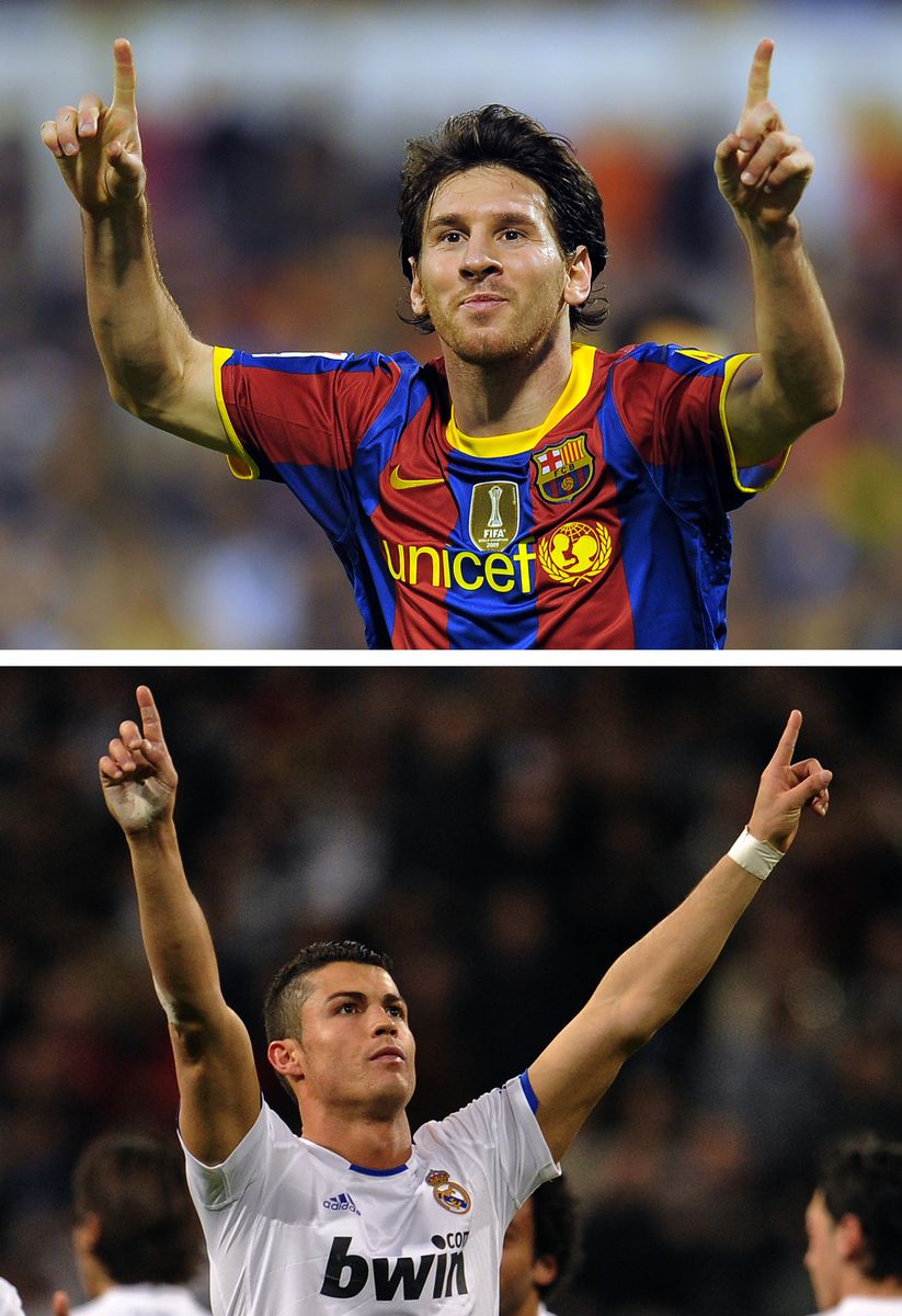 (FromTop) FC Barcelona's Argentinian forward Lionel Messi celebrates a goal against Zaragoza on October 23, 2010, and Real Madrid's Portuguese forward Cristiano Ronaldo celebrates a goal against Athletic Bilbao on November 20, 2010.