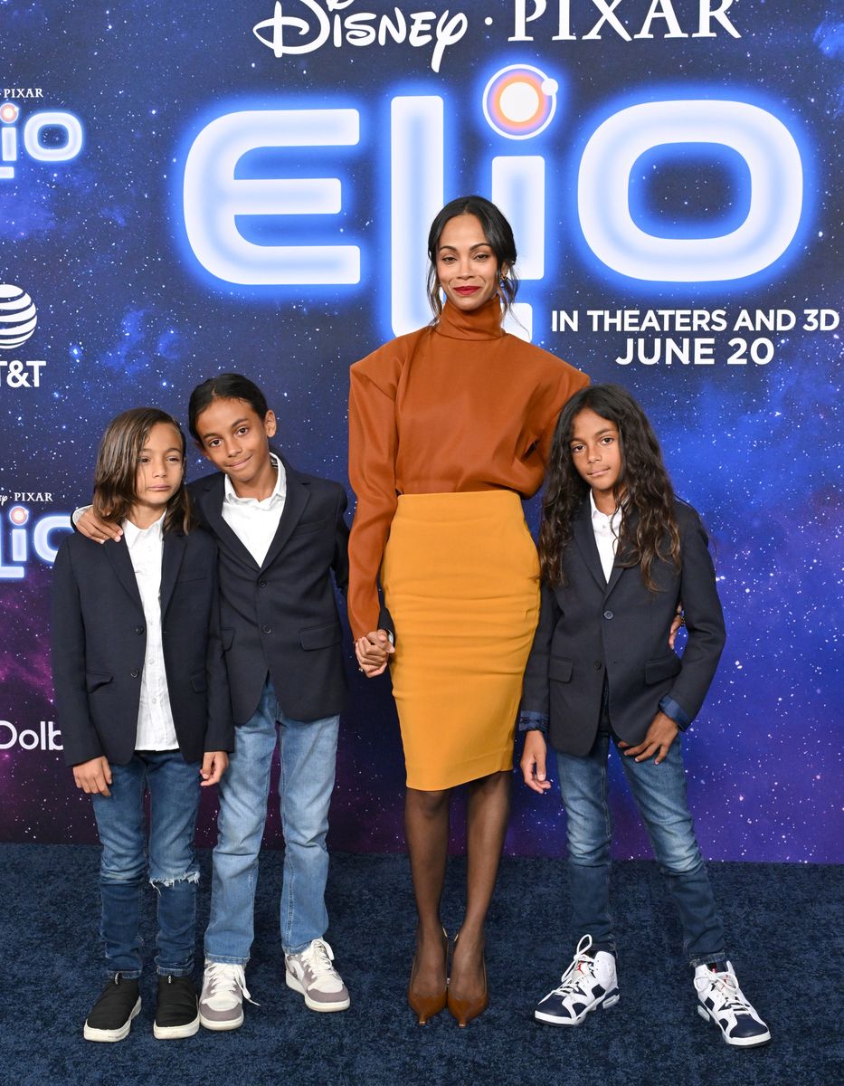 Zoe SaldaÃ±a and sons Cy, Bowie and Zen attend the Los Angeles Premiere of Disney Pixar's "Elio" at El Capitan Theatre on June 10, 2025 in Los Angeles, California. (Photo by Axelle/Bauer-Griffin/FilmMagic)