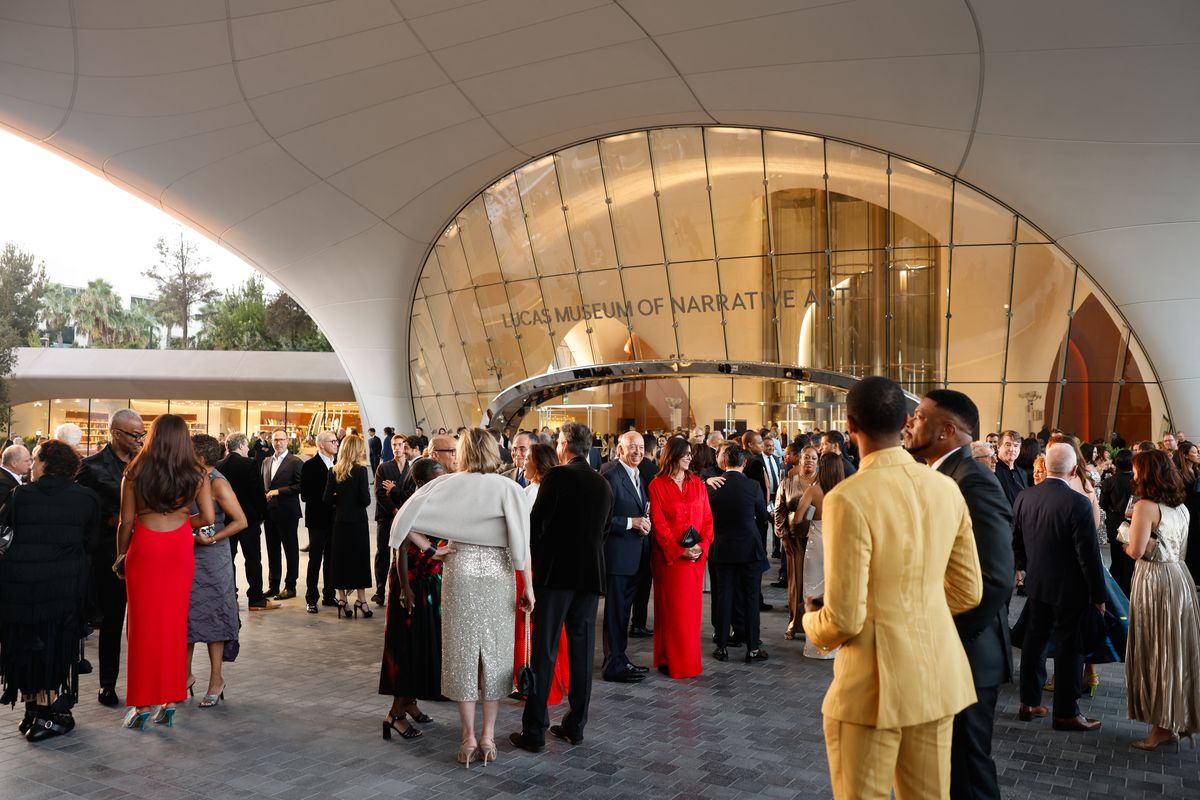 Guests mingle at the Lucas Museum of Narrative Art opening party on Saturday, Sept. 19, 2026 in Los Angeles, CA.