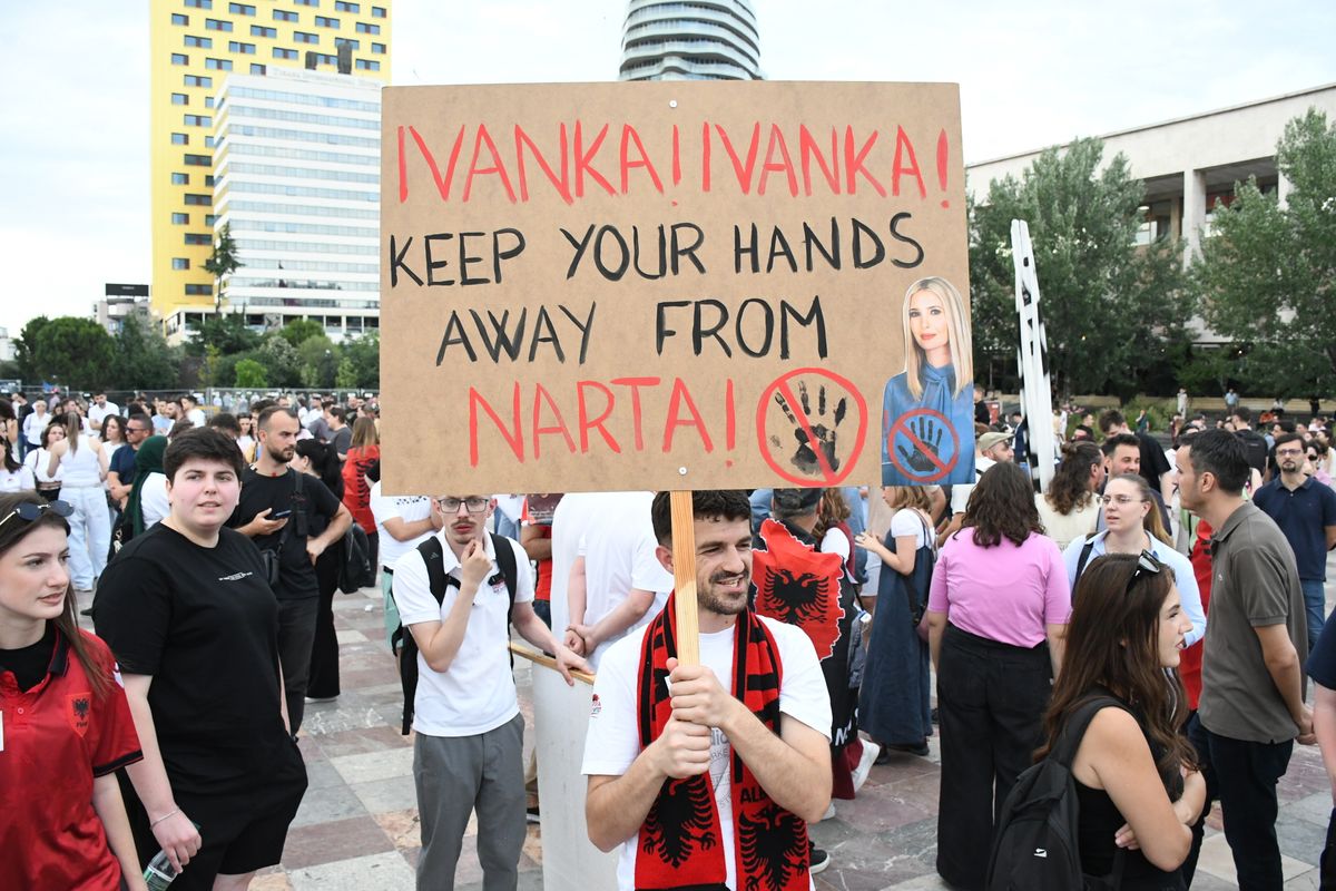 People protest the sale of a stretch of coastline in Zvernec as part of a tourism project  linked to Ivanka Trump, and her husband, Jared Kushner. 