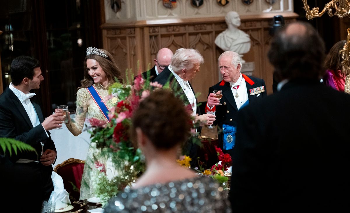 WINDSOR, ENGLAND - SEPTEMBER 17:  Michael Boulos, Catherine, Princess of Wales, U.S. President Donald Trump, and King Charles III  attend the State Banquet hosted by King Charles III and members of the Royal Family at Windsor Castle during the state visit by the President of the United States of America on September 17, 2025 in Windsor, England. President Trump is in England from Sept. 16-18 on his second UK state visit, with the previous one taking place in 2019 during his first presidential term.  (Photo by Doug Mills-Pool/Getty Images)
