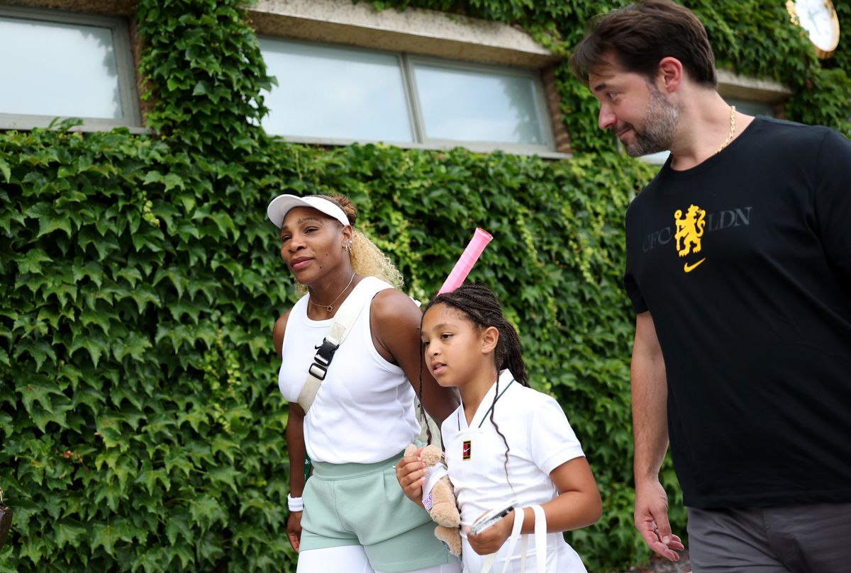 Serena Williams of United States leaves the practice court with her daughter Alexis Olympia Ohanian Jr. and husband Alexis Ohanian