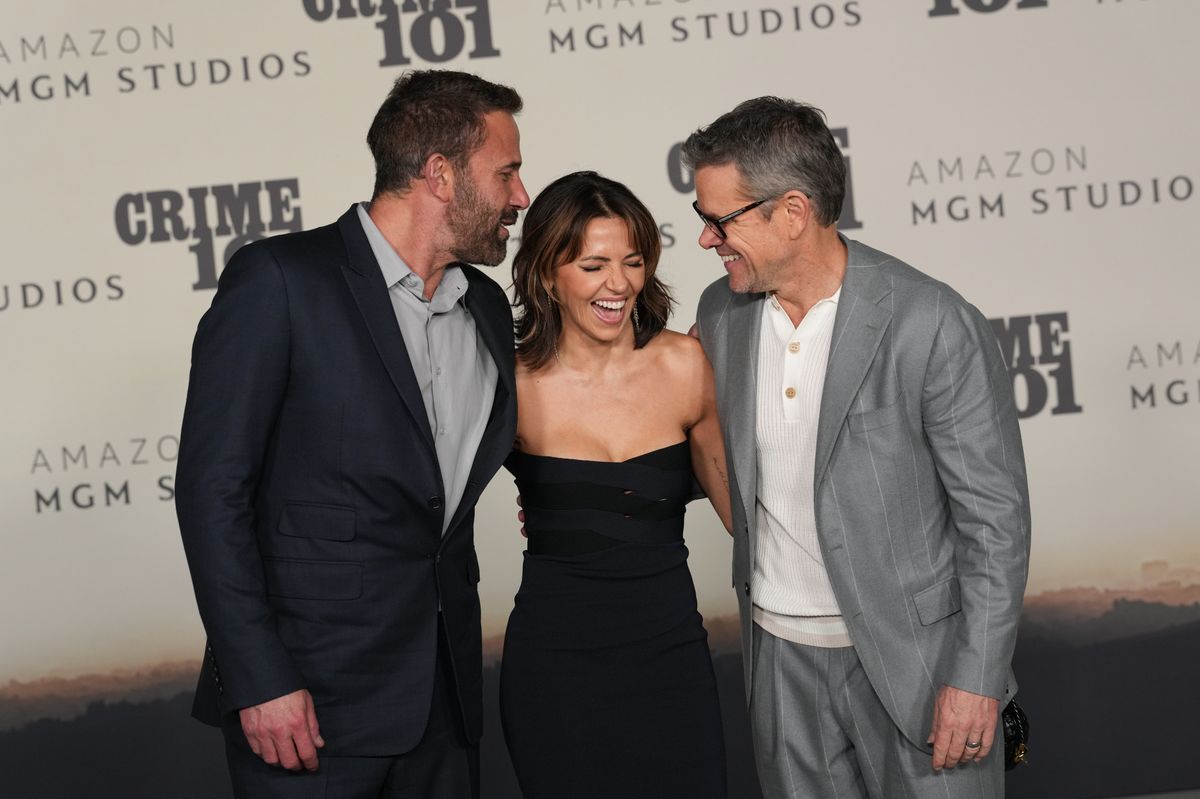 Ben Affleck, Luciana Damon and Matt Damon attends the world premiere of Amazon MGM Studios' "Crime 101" at The United Theater on Broadway on February 10, 2026 in Los Angeles