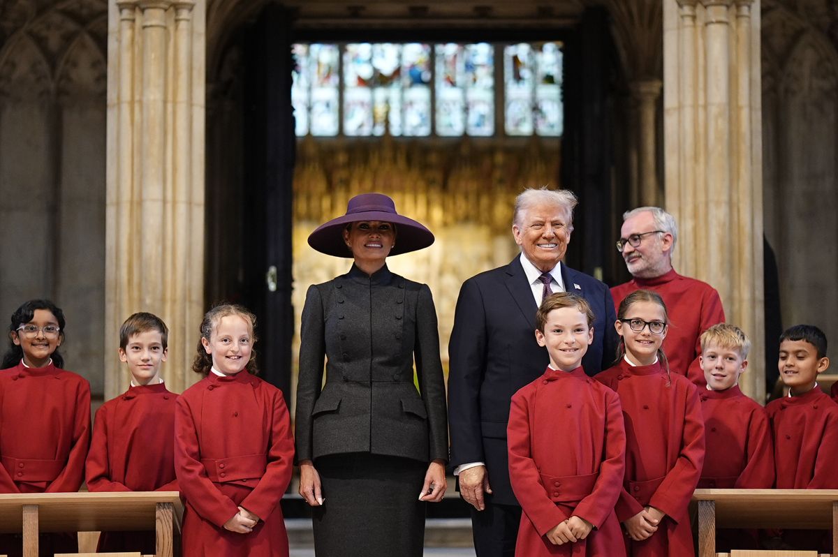 US President Donald Trump and First Lady Melania Trump during a visit to St George's Chapel at Windsor Castle, Berkshire, on day one of their second state visit to the UK. Picture date: Wednesday September 17, 2025.