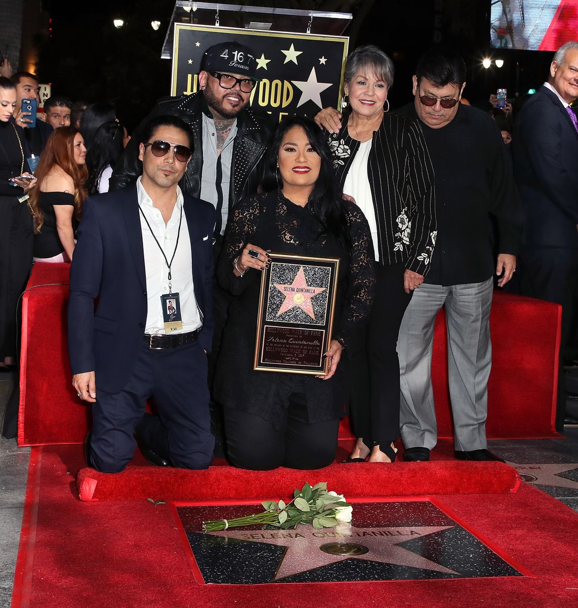 Musician/Selena's widower Chris Perez, musician/Selena's brother A.B. Quintanilla III,, Selena's sister Suzette Quintanilla and Selena's mother and father Marcella Samora and Abraham Quintanilla Jr. attend singer Selena Quintanilla being honored posthumously with a Star on the Hollywood Walk of Fame