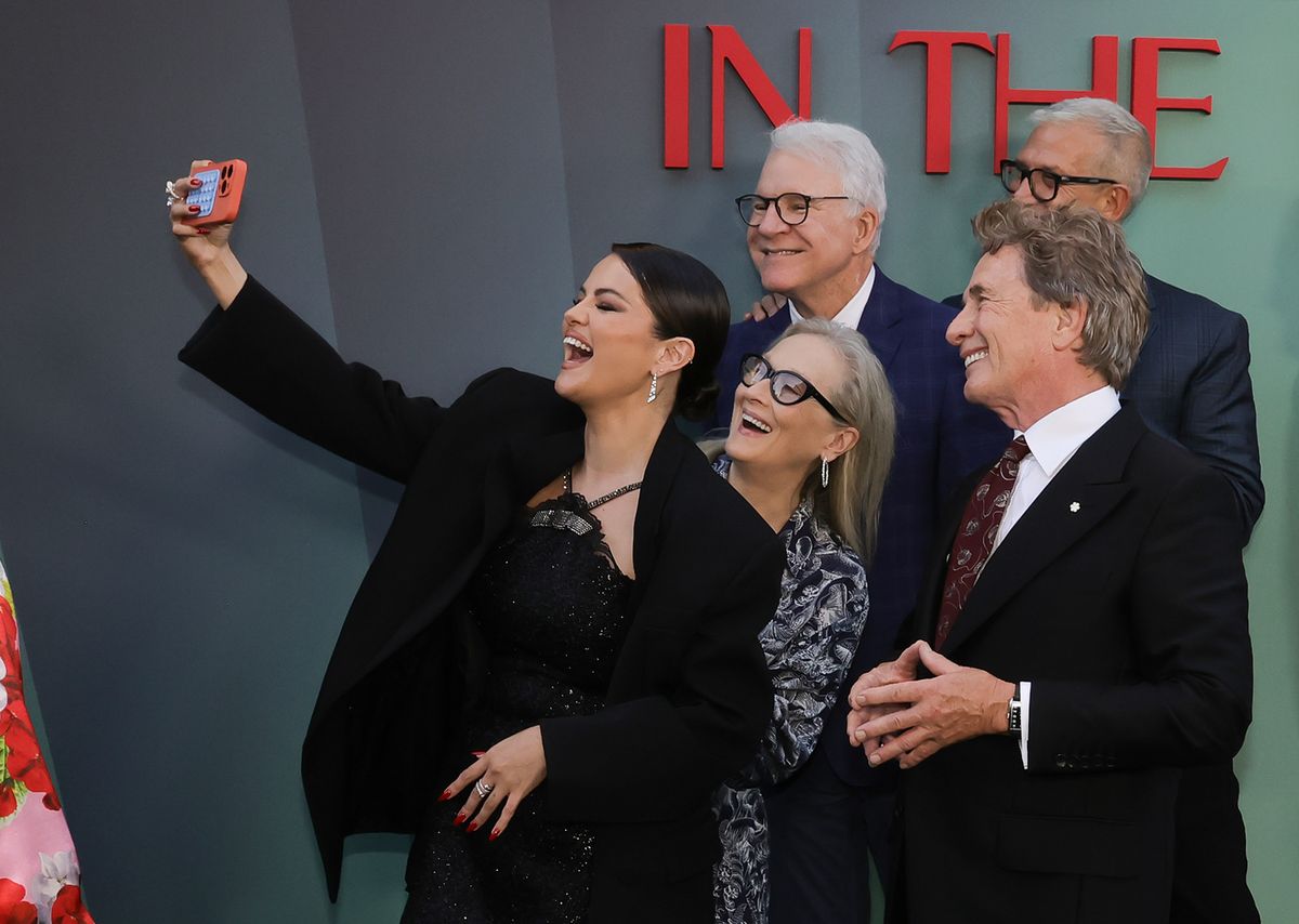 (L-R) Selena Gomez, Meryl Streep, Steve Martin, Martin Short and John Hoffman attend the Season 4 premiere of Hulu's "Only Murders In The Building" at Paramount Studios on August 22, 2024 in Los Angeles, California.  (Photo by Kevin Winter/Getty Images)