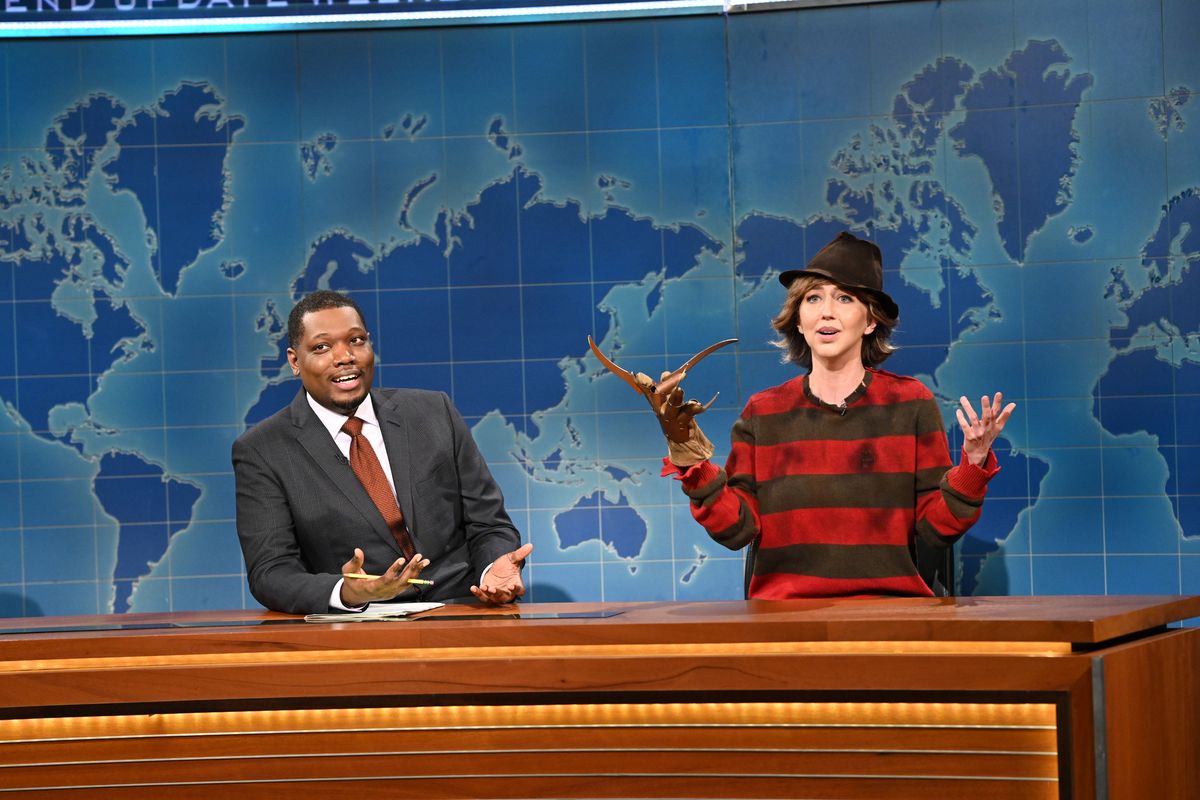  Anchor Michael Che and Heidi Gardner as Jessie Rauch during Weekend Update on Saturday, February 20, 2021