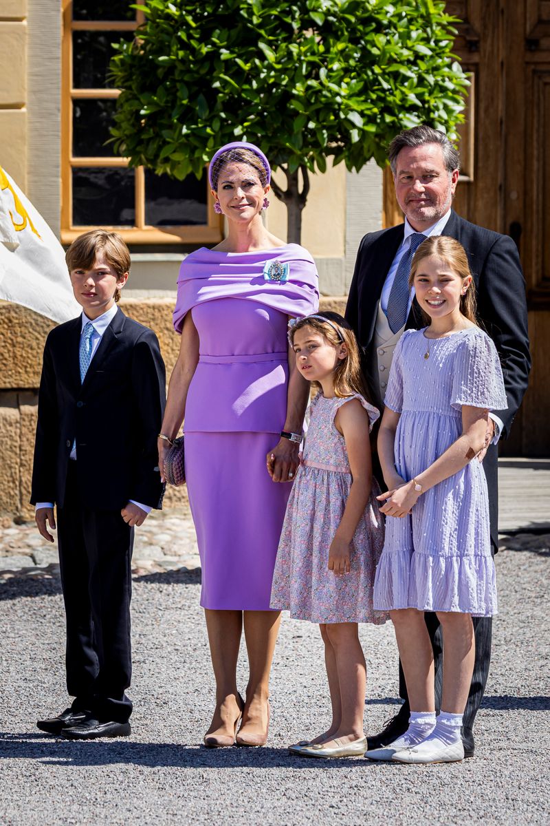 STOCKHOLM, SWEDEN - JUNE 13: Princess Madeleine of Sweden, Chris O'Neill, Princess Leonore of Sweden, Prince Nicolas of Sweden and Princess Adrienne of Sweden arrive to the christening of Princess Ines of Sweden at the Drottningholm Palace Chapel on June 13, 2025 in Stockholm, Sweden. (Photo by Patrick van Katwijk/Getty Images)