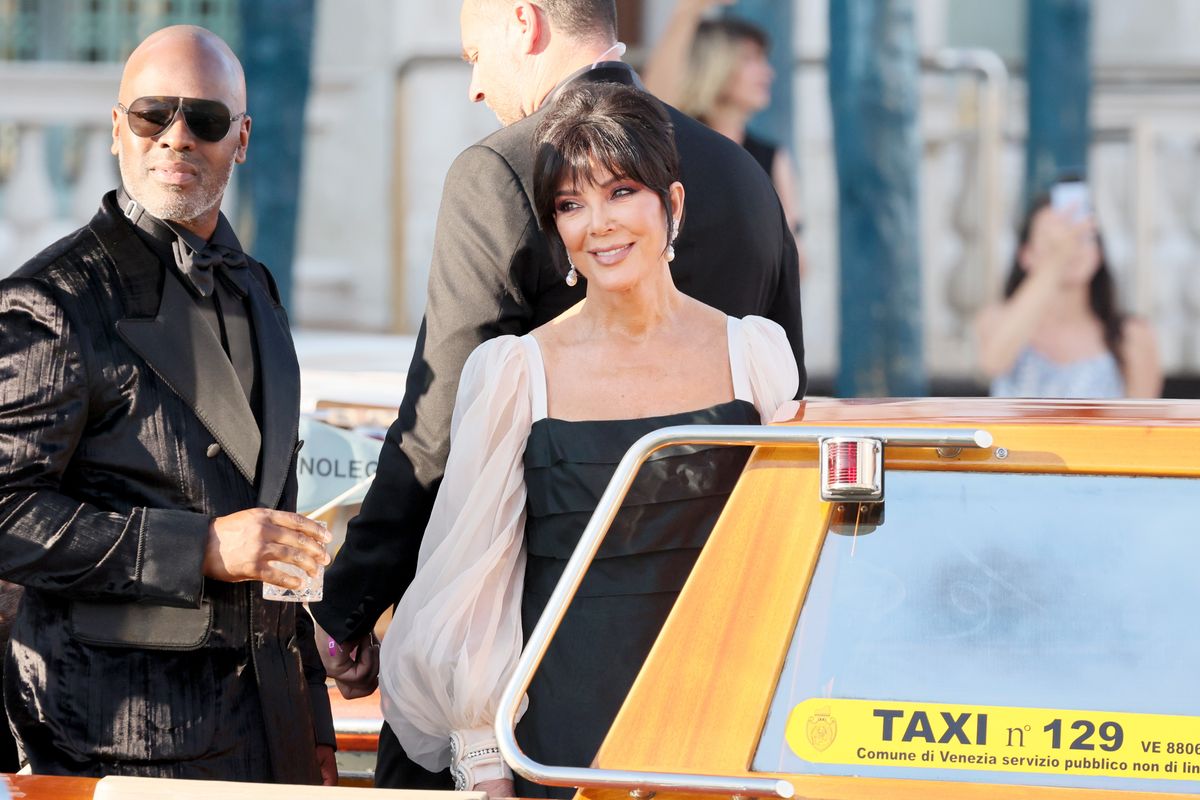 Kris Jenner wore a black-and-white Valentino dress with puff sleeves at the Jeff Bezos and Lauren Sanchez Wedding 
