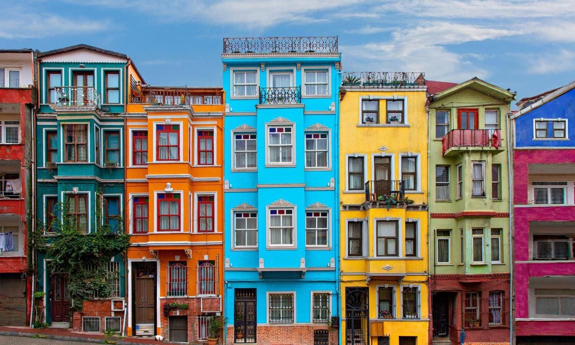 Colorful historical houses in the old neighborhood of Balat in Istanbul, Turkey