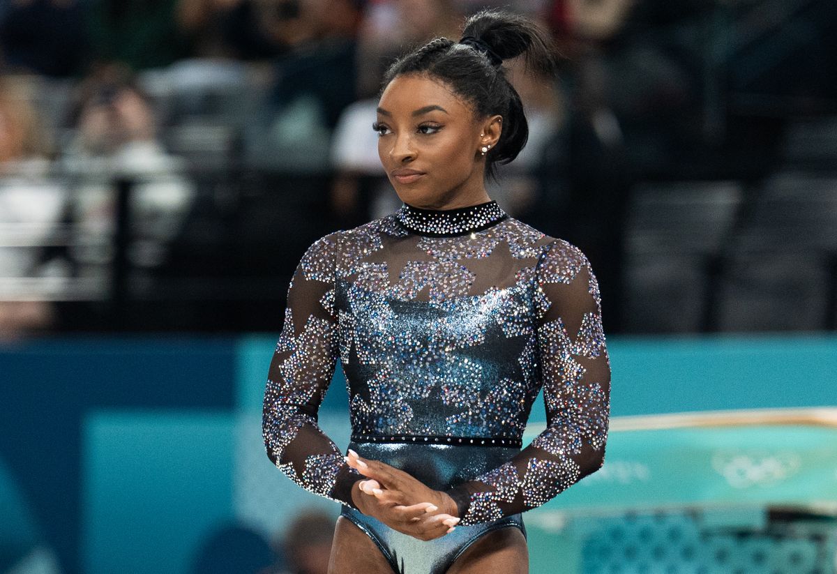  Simone Biles from Team United States competes in women's gymnastics at the Bercy Arena during the Paris 2024 Olympic Games in Paris, France, on July 28, 2024. (Photo by Aytac Unal/Anadolu via Getty Images)