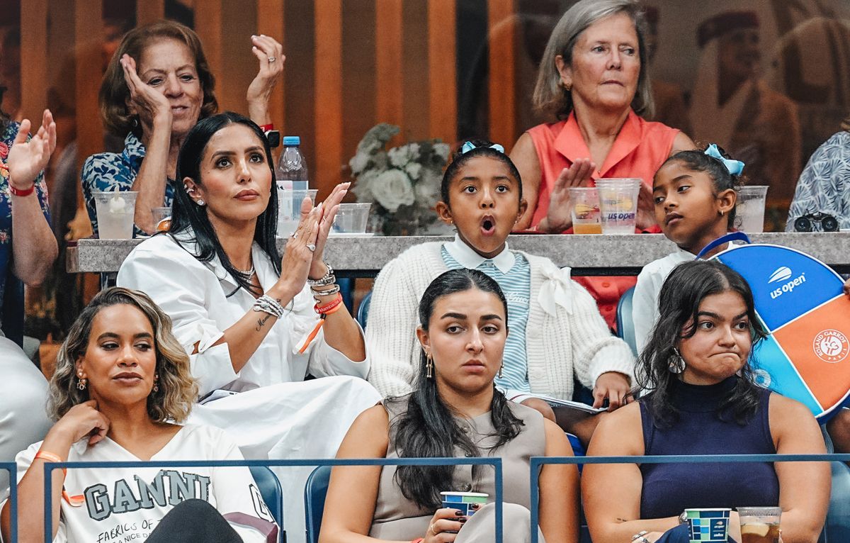 Vanessa Bryant with daughters Bianka and Capri, who delighted the crowd in matching white and sweet courtside reactions.