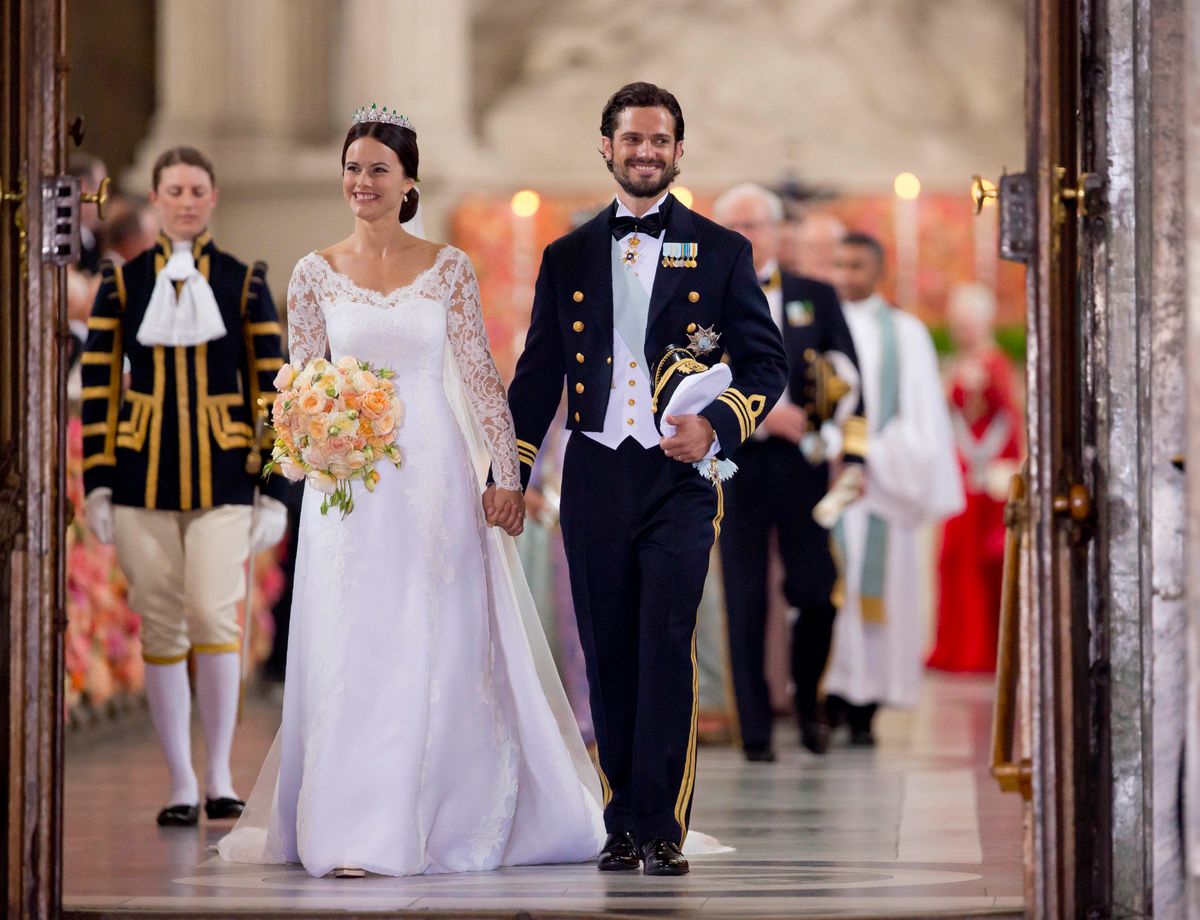 STOCKHOLM, SWEDEN - JUNE 13:    Prince Carl Philip of Sweden, and Princess Sofia of Sweden,leave their wedding ceremony at the Royal Chapel at the Royal Palace on June 13, 2015 in Stockholm, Sweden.  (Photo by Julian Parker/UK Press via Getty Images)