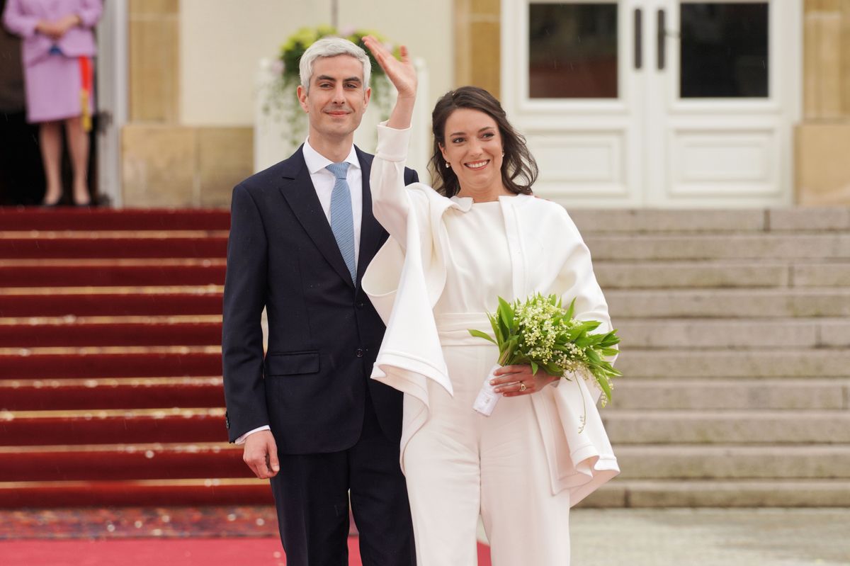 LUXEMBOURG, LUXEMBOURG - APRIL 22: Her Royal Highness Alexandra of Luxembourg & Nicolas Bagory greet the crowd as they leave after their Civil Wedding at Luxembourg City Hall on April 22, 2023 in Luxembourg, Luxembourg. (Photo by Sylvain Lefevre/Getty Images)