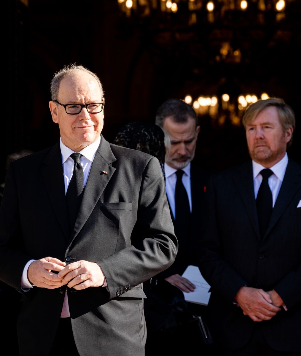 Albert of Monaco and Felipe VI, also pictured is King Willem-Alexander of the Netherlands, at the funeral of Constantine of Greece in Athens in January 2023