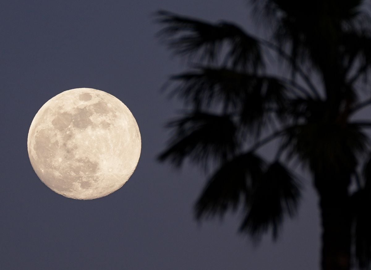 The full moon rises over the hills in Altadena, Los Angeles, California, United States on January 12, 2025. 