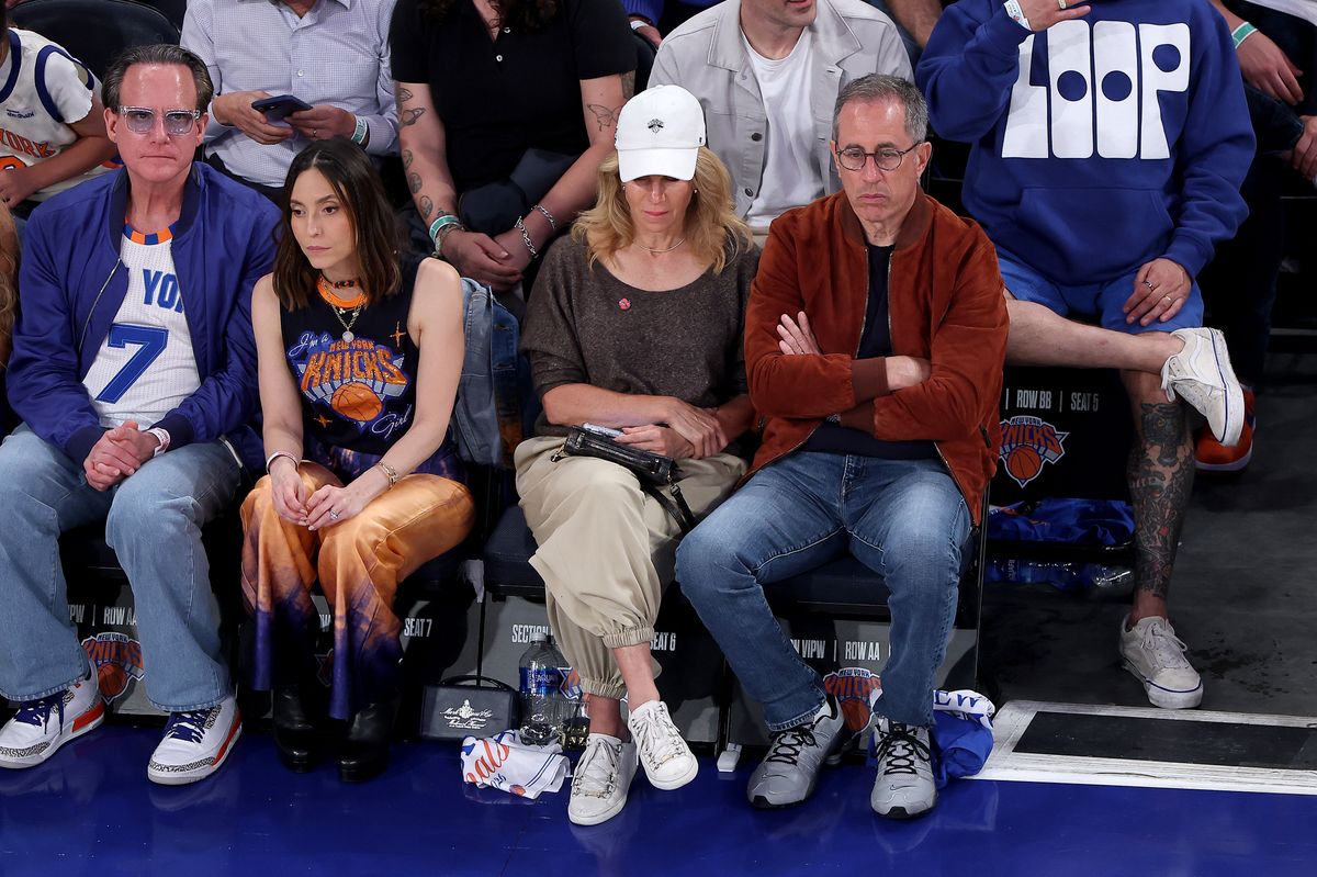 Jerry Seinfeld and his wife Jessica Seinfeld attend Game Four of the 2026 NBA Finals between the San Antonio Spurs and the New York Knicks.