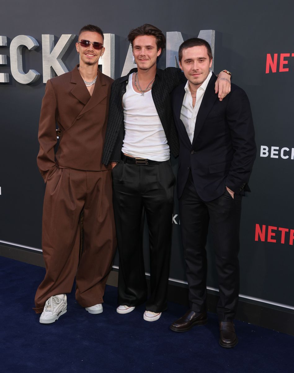 Romeo Beckham, Cruz Beckham and Brooklyn Beckham attend the Netflix 'Beckham' UK Premiere at The Curzon Mayfair on October 03, 2023 in London, England. (Photo by Mike Marsland/WireImage)