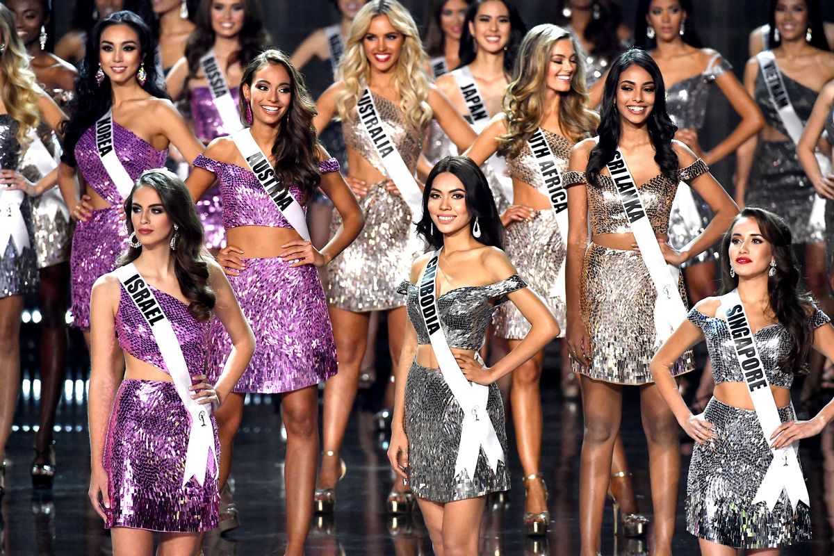  Miss Universe 2017 Constestants Miss Korea 2017 Cho SeWhee, Miss Russia 2017 Kseniya Alexandrova,  Miss Israel 2017 Adar Gandelsman, Miss Austria 2017 Celine Schrenk,  Miss Australia 2017 Olivia Rogers, Miss cambodia 2017 By Sotheary, Miss Japan 2017 Momoko Abe, Miss South Africa 2017 Demi-Leigh Nel-Peters, Miss Sri Lanka 2017 Christina Peiris, Miss Singapore 2017 Manuela Bruntraeger, appear onstage during the 2017 Miss Universe Pageant at The Axis at Planet Hollywood Resort & Casino on November 26, 2017 in Las Vegas, Nevada.  (Photo by Frazer Harrison/Getty Images)