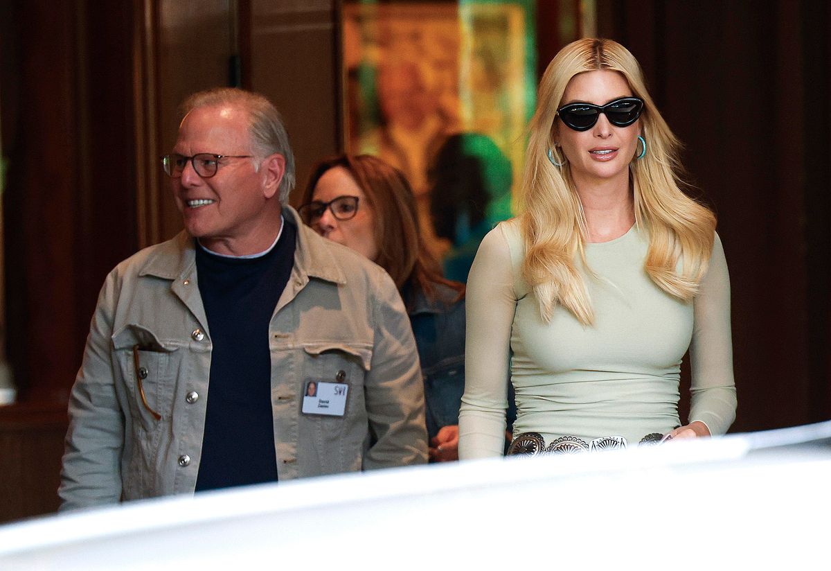 Ivanka Trump walks with CEO of Warner Bros. Discovery David Zaslav as they leave the Sun Valley Lodge at the Allen & Company Sun Valley Conference 